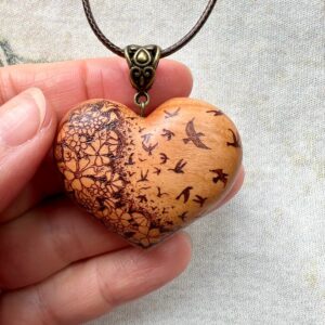 Heart pendant with Spring Birds and Flowers
