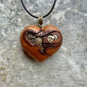 plum wooden steampunk heart pendant