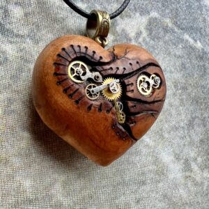 plum wooden steampunk heart pendant