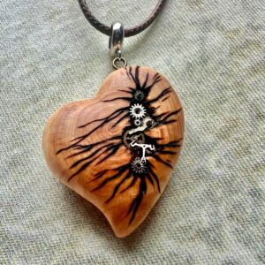 Juniper wooden small steampunk heart with metal cogs and gears