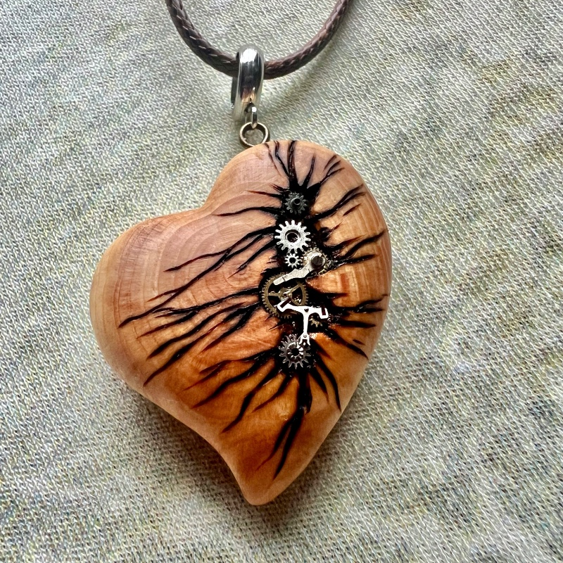 Juniper wooden small steampunk heart with metal cogs and gears